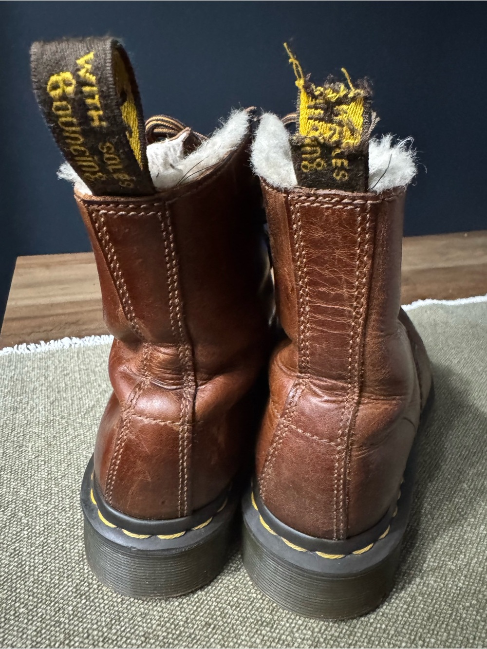 Dr. Martens Brown Leather Shearling-Lined Lace-Up Boots with Yellow Pull Tabs - Picture 3 of 5